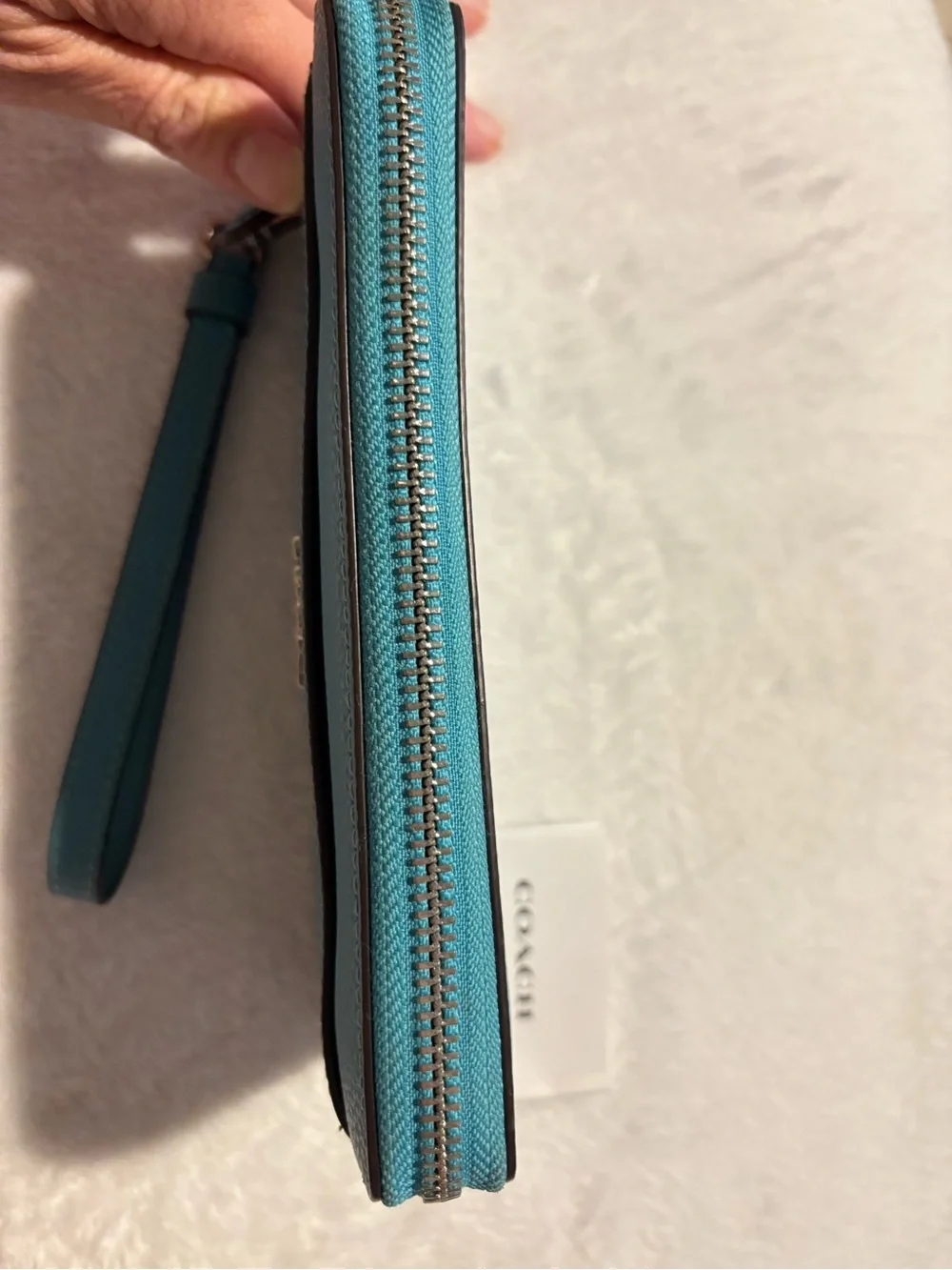 Coach Teal Pebbled Leather Zip Wristlet Wallet